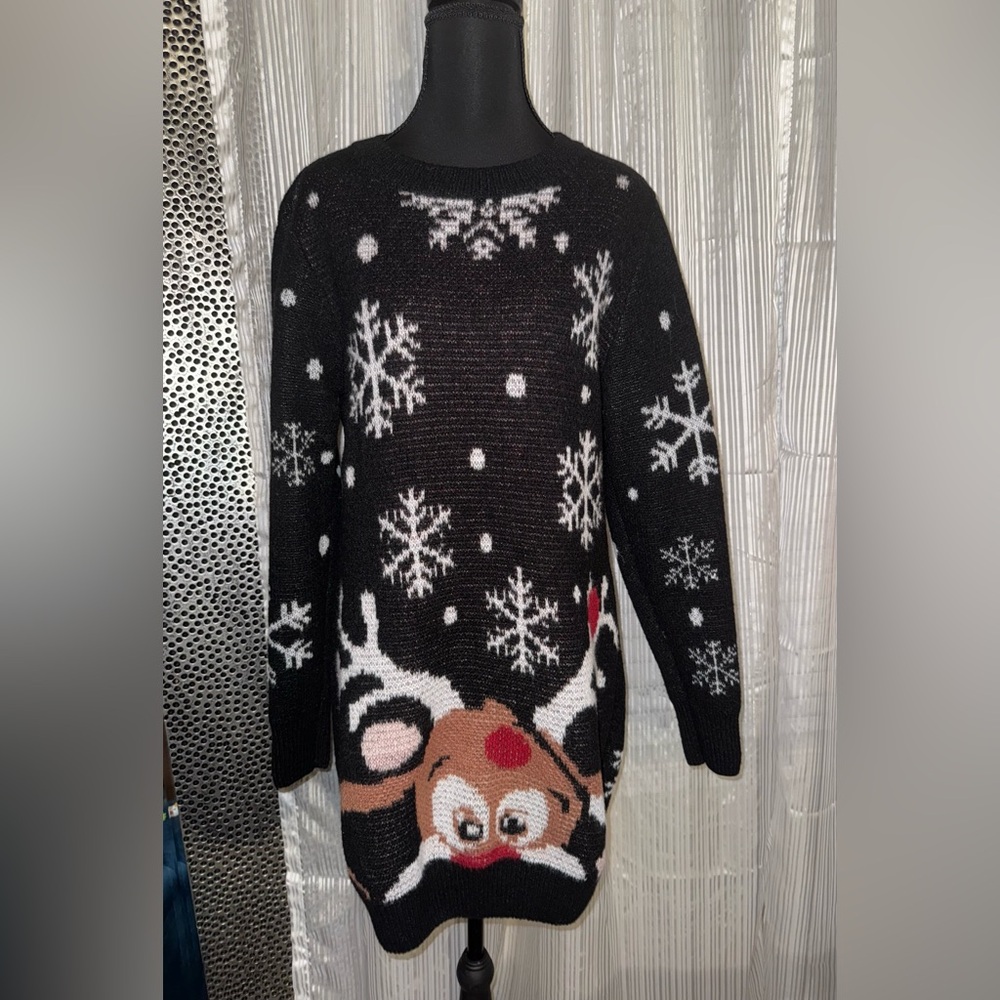 Black Reindeer Snowflake Sweater Dress